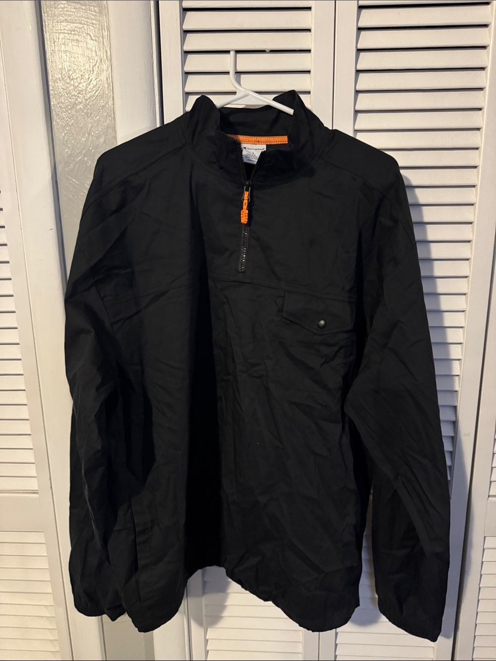 Champion Black Windbreaker Pullover with Orange Zipper Accent